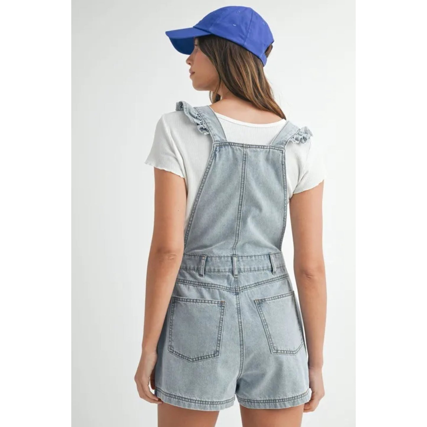 Jeansromper med rysch och fyrkantig urringning