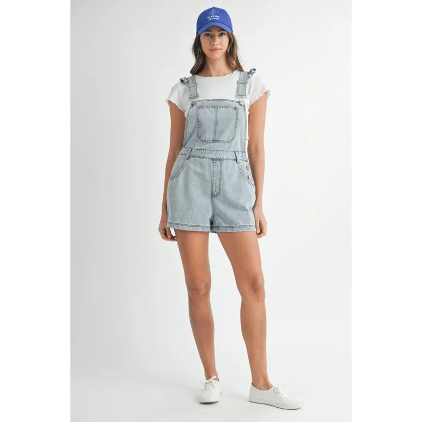 Jeansromper med rysch och fyrkantig urringning