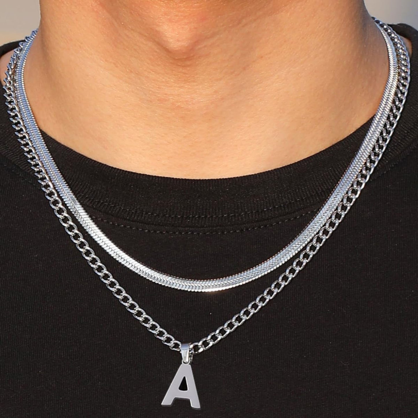 Halsband med Bokstav A–Z för Män – Dubbel Kedja, Silver