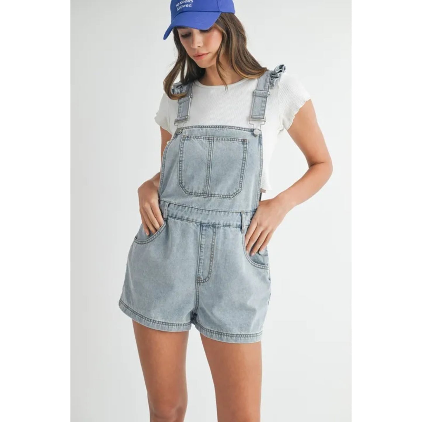 Jeansromper med rysch och fyrkantig urringning