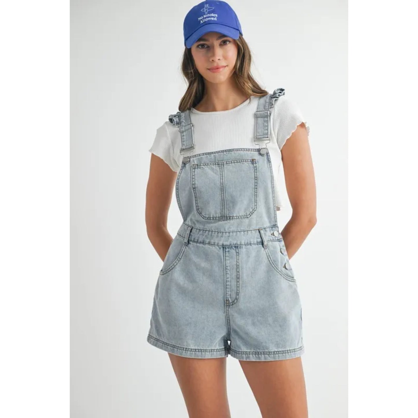Jeansromper med rysch och fyrkantig urringning