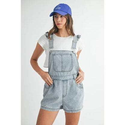 Jeansromper med rysch och fyrkantig urringning