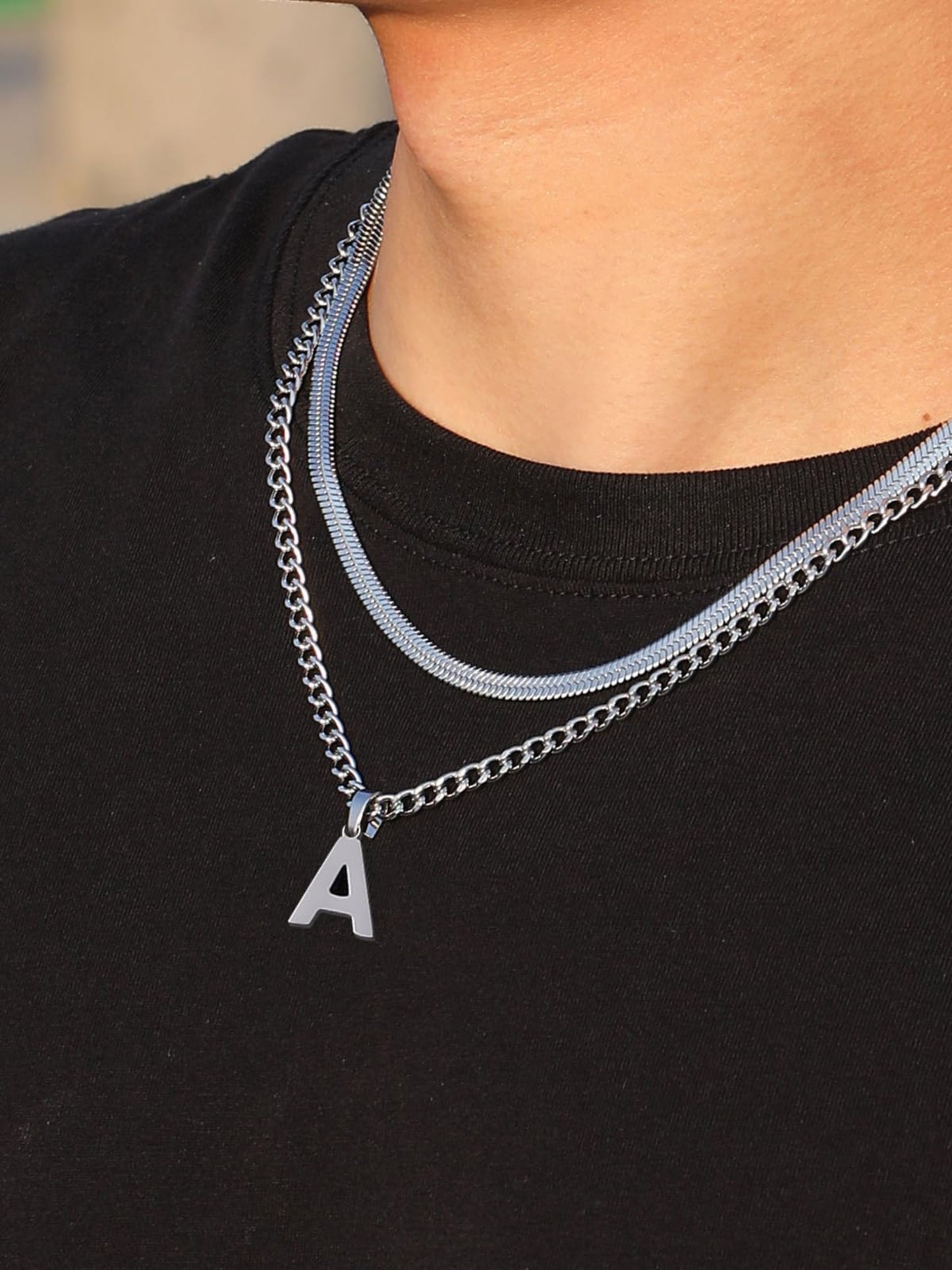 Halsband med Bokstav A–Z för Män – Dubbel Kedja, Silver