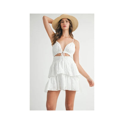 Lace Eyelet Ruffle Miniklänning med Utskärning